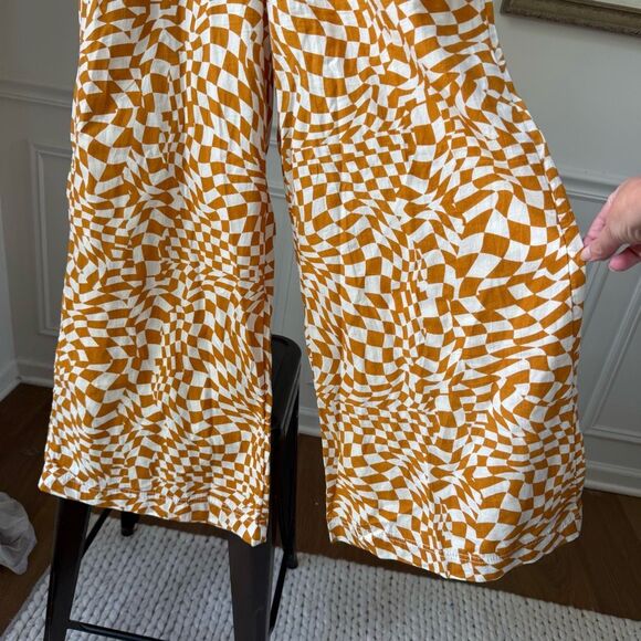 Free People Menorca Mustard Psychedelic Check Wide-Leg Cropped Pants 0 - Picture 5 of 10